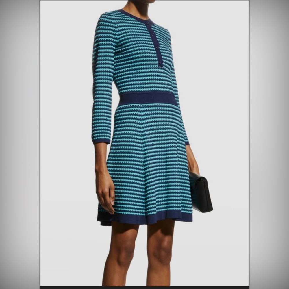 Shoshanna Striped Knit Fit-and-Flare Dress in Teal and Navy